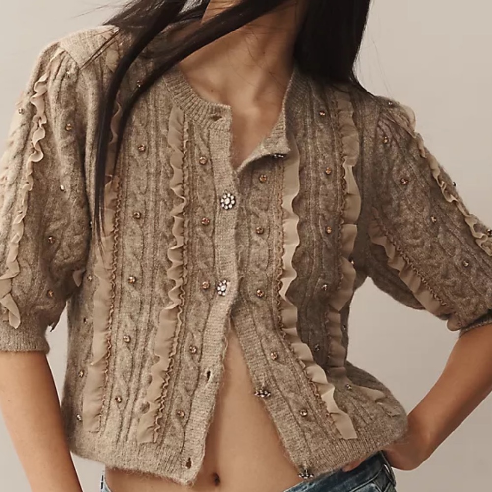 Maeve x Anthropologie Short-Sleeve Embellished Ruffle Cardigan Sweater NWT
